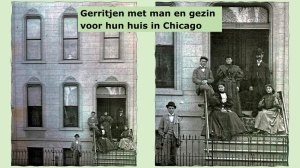 M Gerritjen met man en gezin voor hun huis in Chicago